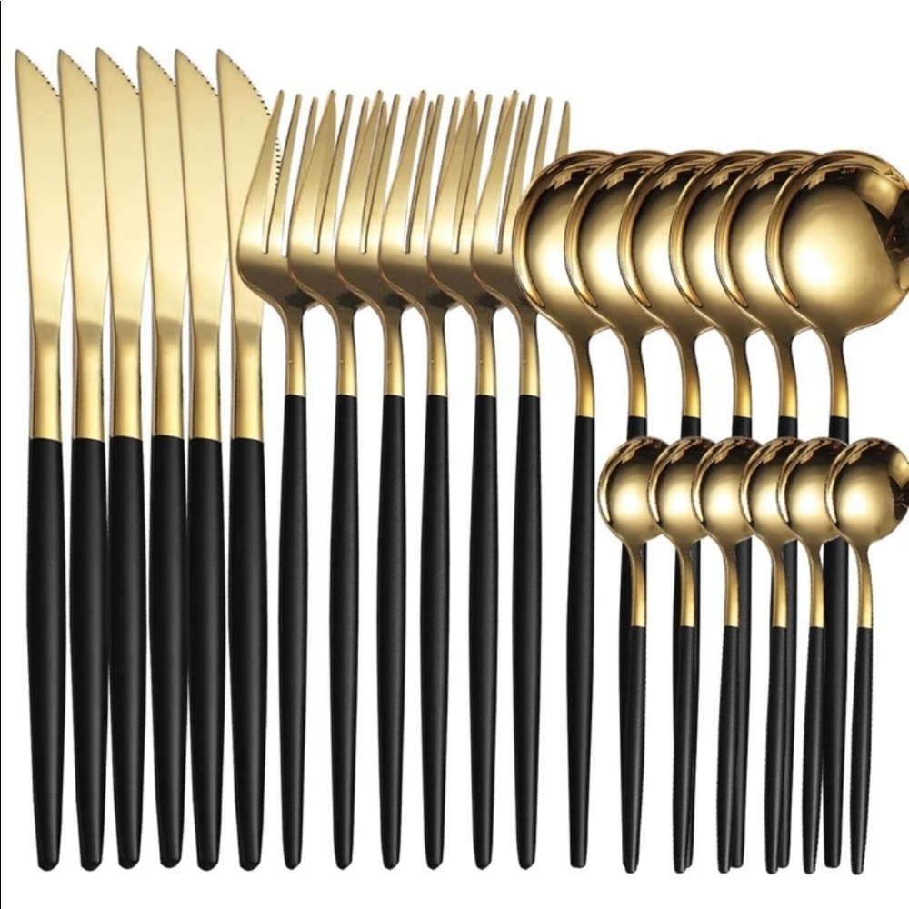 24 Piece Silverware Dinnerware Cutlery Set Black Gold Stainless Steel Elegant